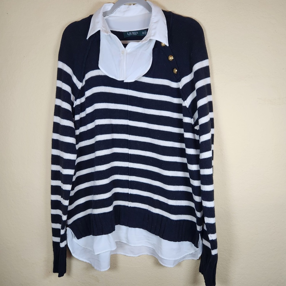 Polo Ralph Lauren blue white striped Sweater Preppy tunic inside out seam collar